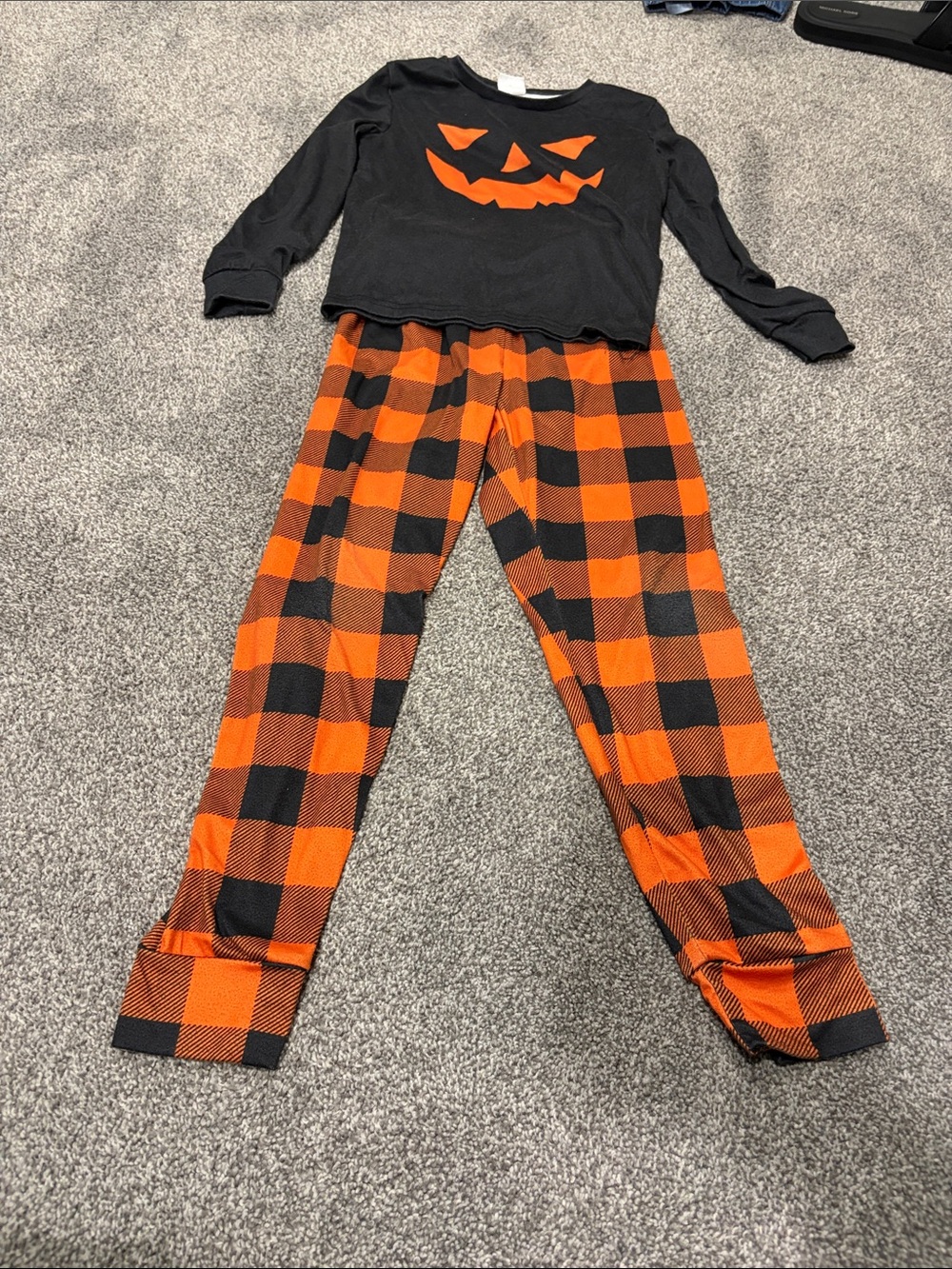 SHEIN Black Top with Orange Jack-O'-Lantern & Orange-Black Plaid Pajama Set